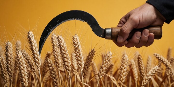 A man harvesting ripe wheat crops with a traditional sickle in a field, representing agriculture, farming, and harvest season concepts.