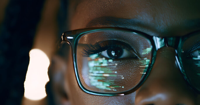 Close-up of a dark-skinned female programmer looking at code with a serious expression, wearing glasses, working late in a home office at night. Concept includes cybersecurity, AI algorithms, network 