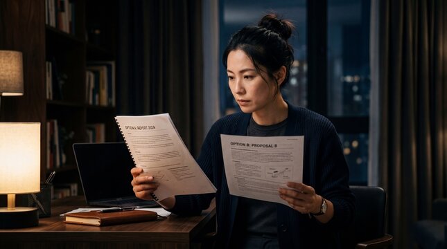 Focused professional woman reviewing business reports and documents at night