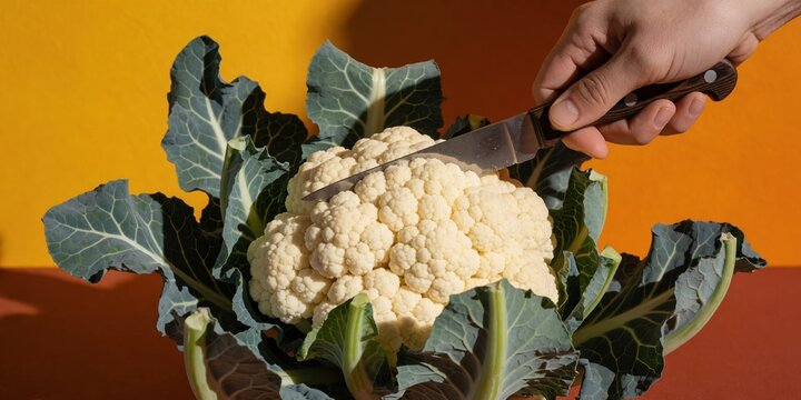 Person cutting fresh raw cauliflower head with kitchen knife on colorful background for healthy cooking concept