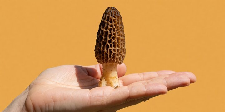 Hand holding a fresh edible morel mushroom against an orange background representing foraging and gourmet food