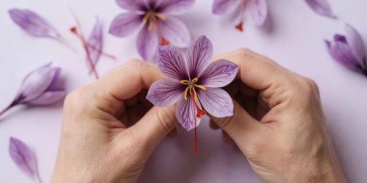 Hands holding fresh purple saffron flower with red stigmas for spice harvesting and traditional medicine concepts