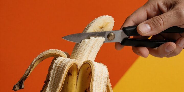 Person cutting a peeled banana with kitchen scissors on a vibrant background representing quirky food preparation and unconventional cooking methods
