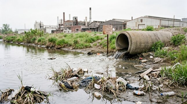 Industrial wastewater discharge pipe polluting a river near a factory