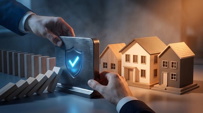 Businessman placing shield to protect houses from falling dominoes