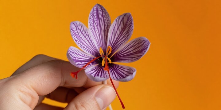 Close-up of a vibrant purple saffron crocus flower held in hand against a warm orange background representing spice harvesting and autumn nature