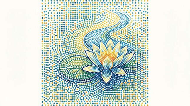 Vibrant lotus flower and lily pad rendered in mosaic pointillism