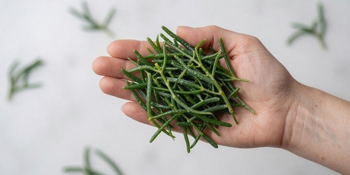 Fresh sea asparagus held in hand for cooking healthy seafood dishes or gourmet culinary recipes