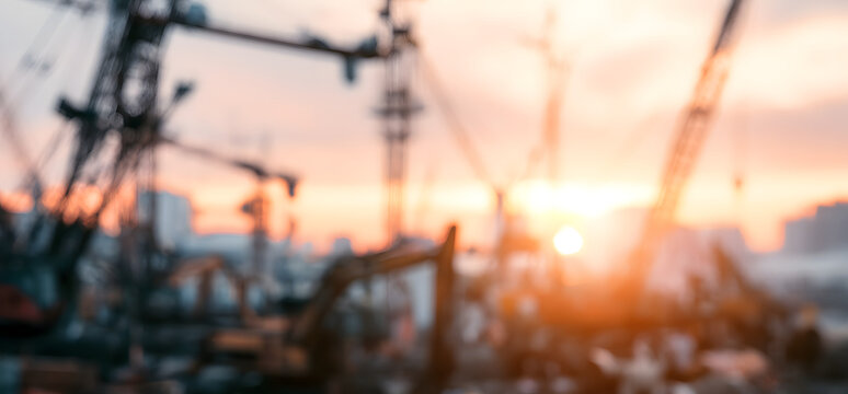 A hazy image of construction gear against a twilight sky, highlighting cranes and machines at a building site, which evokes an urban atmosphere.