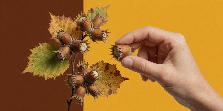Human hand holding a fresh hazelnut with autumn leaves on a brown and yellow background representing harvest time and natural food concepts