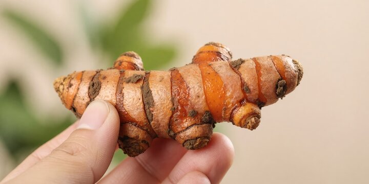 Fresh raw turmeric root held in hand, organic spice ingredient for healthy cooking and herbal medicine remedy concepts
