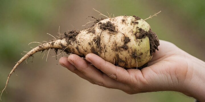 Freshly harvested sugar beet held in hands by a farmer representing organic agriculture, sustainability, and healthy food production in a close-up view