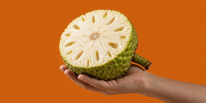 A person holding a fresh half cut marang fruit showing white pulpy texture against an orange background for healthy food concepts