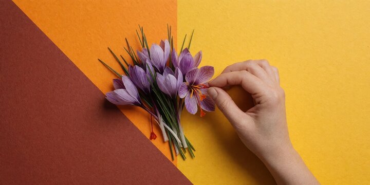 Woman harvesting saffron threads from purple crocus flowers on a colorful geometric background representing spice production and herbal medicine