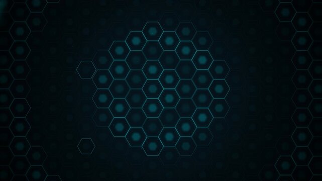 Dark teal hexagonal grid with glowing blue pulses and moving light beams, cinematic 3D animation, concept for cybersecurity, tech and data networking