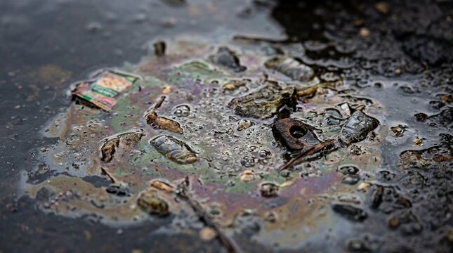 Rainbow oil slick and trash debris floating in a dirty water puddle