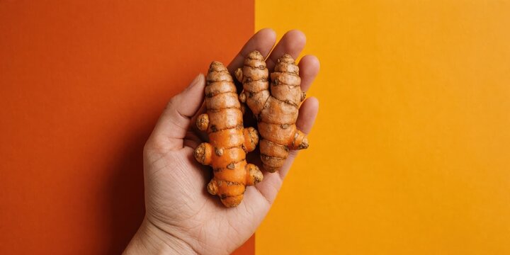 Fresh turmeric root in hand on vibrant orange background representing healthy natural organic spices and alternative medicine therapy