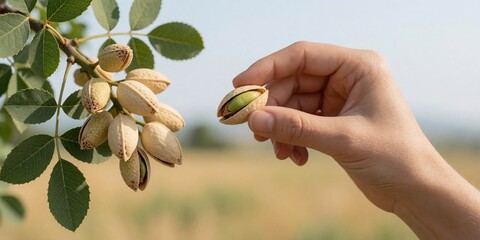 Fototapeta premium Harvesting fresh ripe pistachios from the tree branch by hand, agricultural farming and healthy snack food production concept