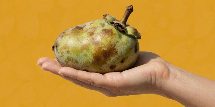 A hand holding a fresh ripe cherimoya fruit against a bright yellow background, representing tropical exotic agriculture and healthy eating habits