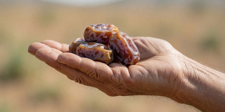 Elderly man holding a handful of fresh sweet date fruits in his open palm representing harvest and nutrition in agriculture