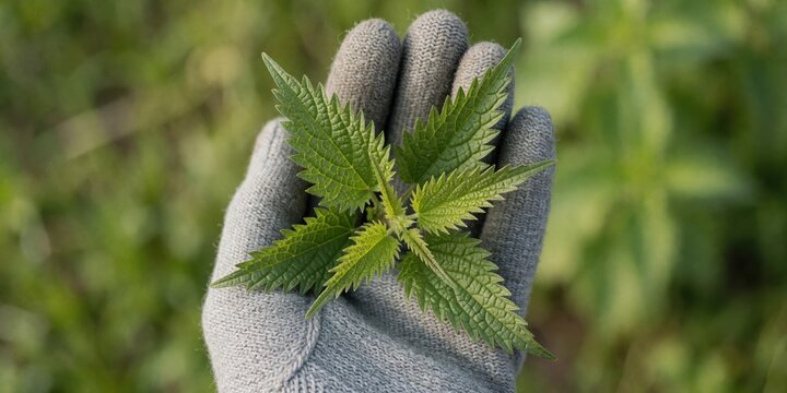 Gardener wearing protective gloves holding freshly picked stinging nettle plant leaves outdoors representing herbal medicine and foraging concepts