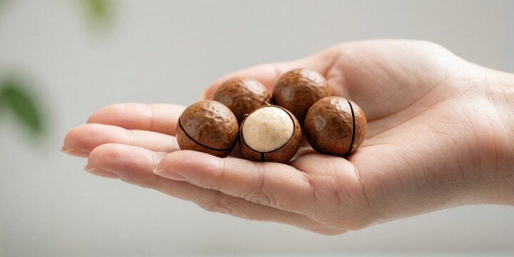 Macro shot of macadamia nuts in hand showing cracked shells and white kernel for healthy snack concept