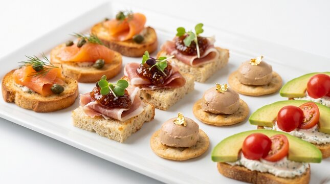 An elegant assortment of gourmet canap&eacute;s and bite-sized appetizers beautifully arranged on a pristine white serving platter. Featuring artisan bread squares, mini crackers, toasted crostini