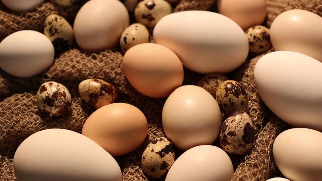 Many different raw eggs on burlap, closeup. Camera moving