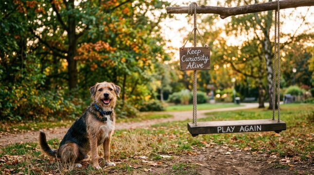 Cheerful terrier mixed breed dog sits in a golden autumn park next to a vintage wooden swing with inspirational quotes about curiosity and play, representing pet lifestyle and outdoor exploration.