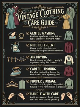 Vintage clothing care guide with retro fashion illustrations