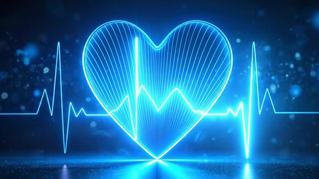 Digital glowing blue heart with an active electrocardiogram waveform on a dark background
