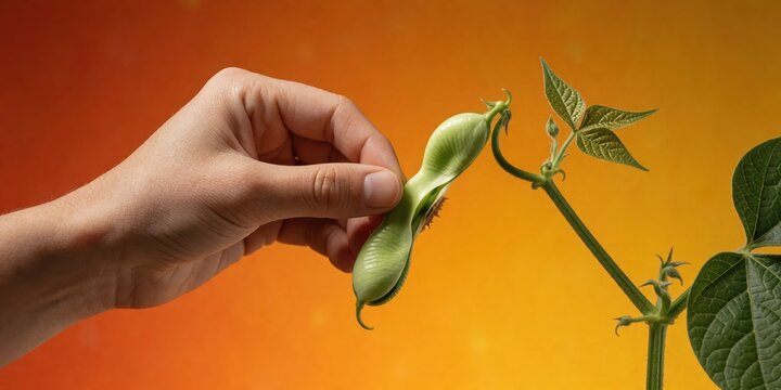 Human hand touching green bean pod on plant branch representing agriculture and botany concepts