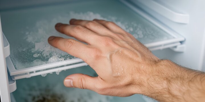 Man touching icy shelf inside a frozen refrigerator, defrosting and cleaning freezer appliance