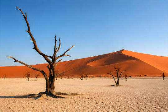 Dead Trees and Red Sand Dunes in a Desert Landscape Under Blue Sky