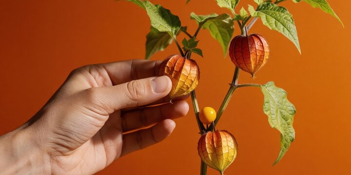 Person holding a fresh cape gooseberry plant with vibrant orange husks and green leaves against a warm background