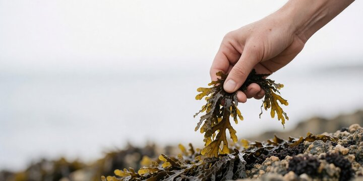 Person foraging fresh bladderwrack seaweed on a rocky ocean shore representing sustainable coastal harvesting and wild food gathering