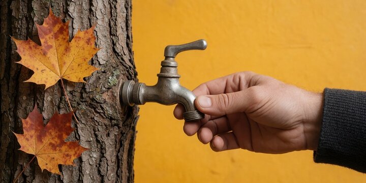 Maple syrup tapping concept with a metal faucet inserted into a tree trunk and a hand turning the tap in autumn