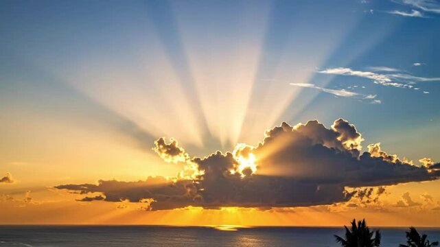 Dramatic sunset over the ocean with golden sunbeams breaking through clouds