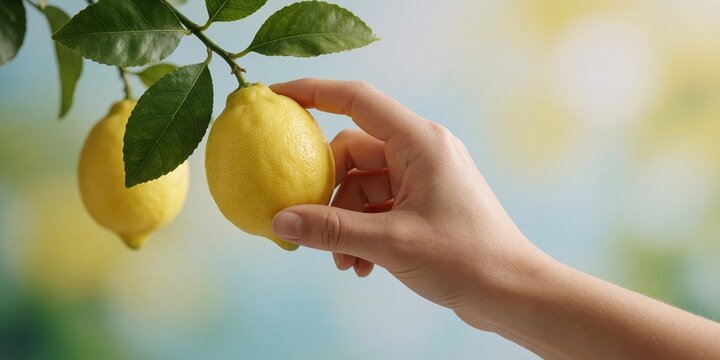 Woman picking fresh ripe yellow lemon from tree branch in sunny garden orchard harvesting fruit