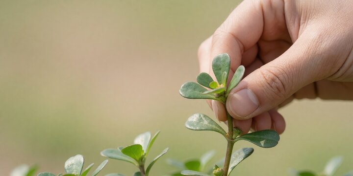 Person harvesting fresh purslane leaves in a garden, representing organic agriculture, foraging, and healthy eating concepts