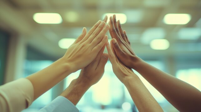 Diverse team high-five, office interior, collaboration, success