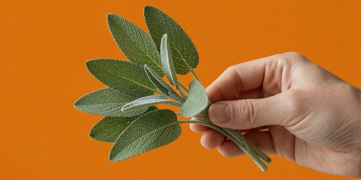 A person holding a fresh bundle of green sage leaves against a vibrant orange background representing culinary herbs and cooking ingredients