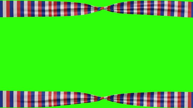 Animated colorful plaid ribbons pinched in the center at top and bottom edges with a chroma key green center. Perfect for creative video framing, title backdrops, and custom video transitions.