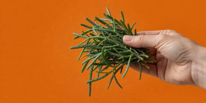 Fresh green samphire glasswort vegetable held in hand against bright orange background representing healthy eating and vegan nutrition