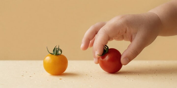 Toddler hand reaching to pick up a fresh ripe red cherry tomato next to a yellow cherry tomato on a beige tabletop