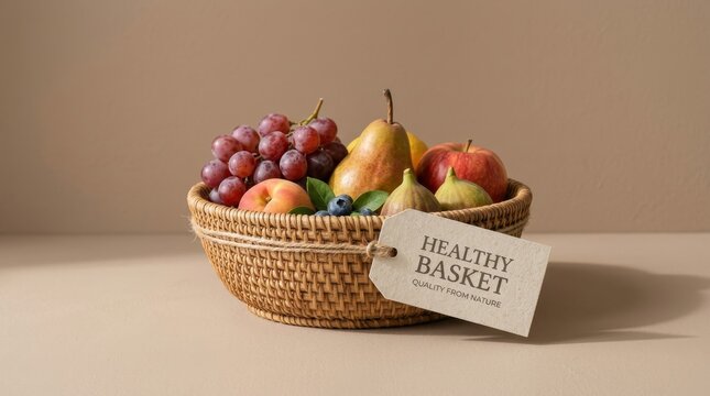 Vibrant organic fruit selection with red grapes, pears, and apples in a woven wicker basket featuring a healthy quality from nature tag, perfect for wellness marketing and nutritious food branding