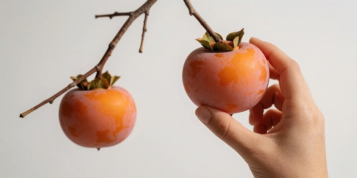 Woman picking fresh ripe persimmon fruit from tree branch in studio lighting close up view
