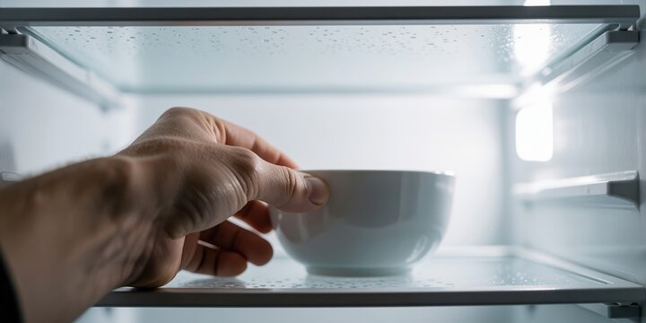 A male hand reaching for a white bowl inside an empty refrigerator representing midnight snack or dieting concept