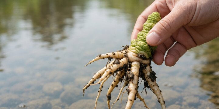 Mandrake root held by a hand near water representing magic herb lore herbalism fantasy mythology and medieval botany for herbal medicine concepts