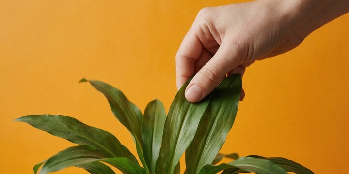 Woman holding green leaf of houseplant against orange background, indoor nature care concept